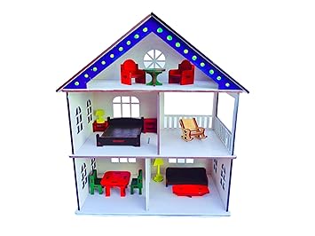 Wooden Toy House with Furniture for Kids (Free Paint Set)