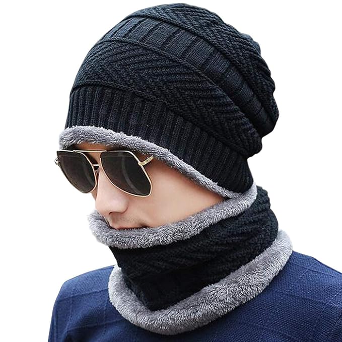 Woolen Winter Cap Beanie Hat with Neck Warmer